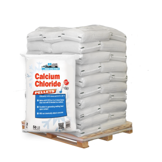 50lb bag of Calcium Chloride Pellets in front of pallet