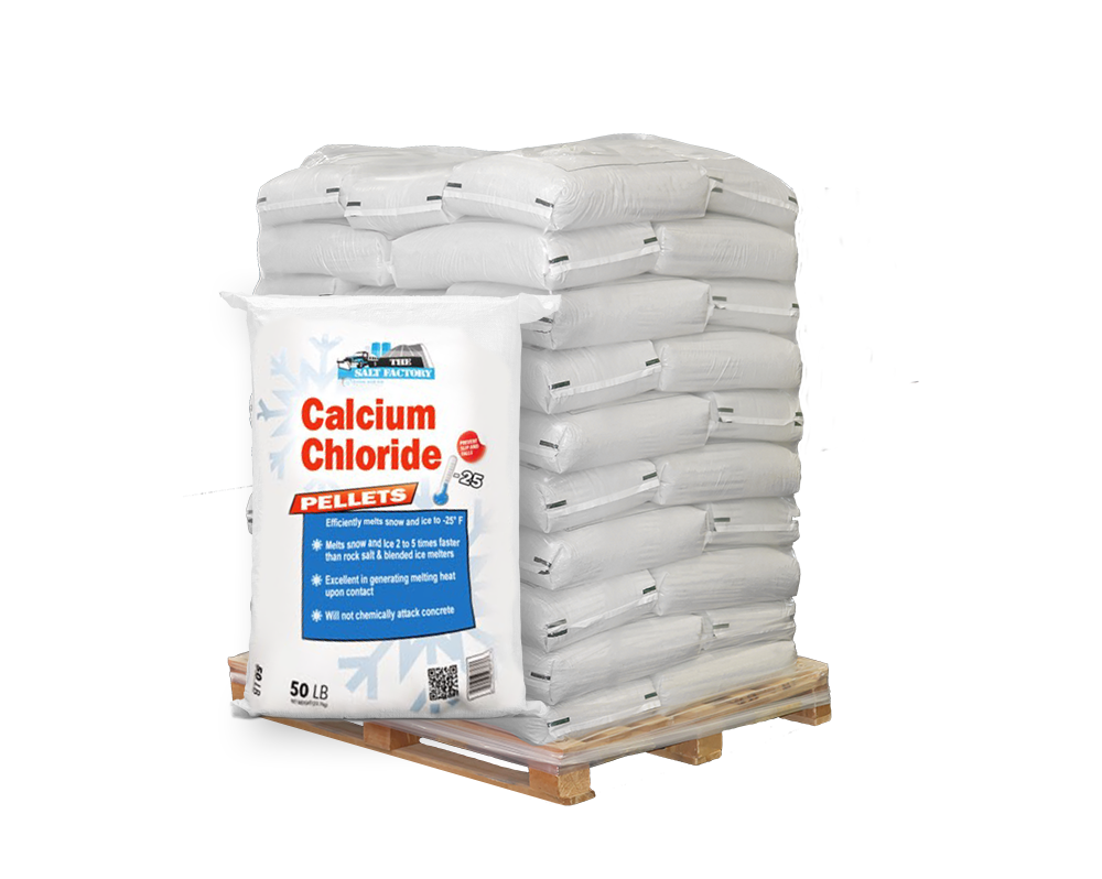 50lb bag of Calcium Chloride Pellets in front of pallet